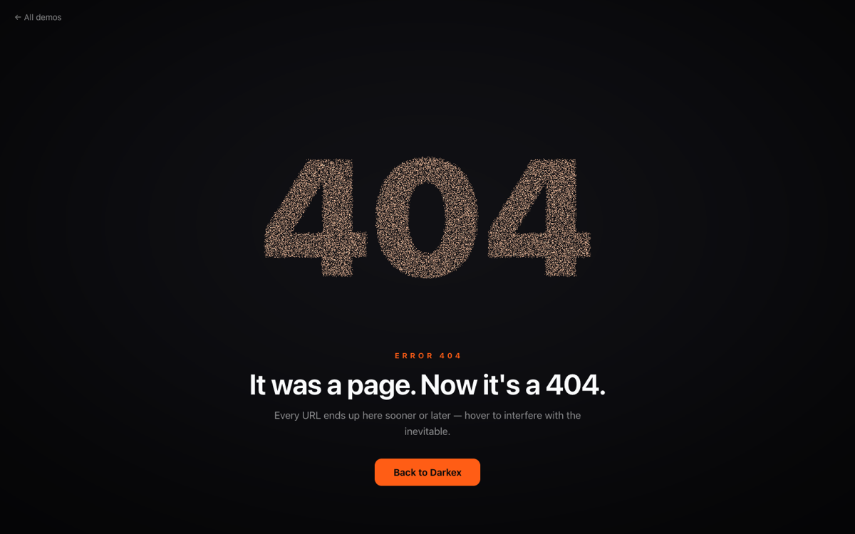 Grains mid-flight between the mark and 404 glyphs